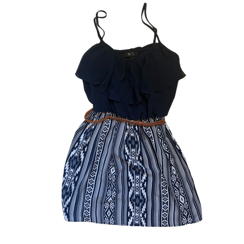 BCX Navy and White Patterned Aztec, Tribal, Native Casual Dress with Brown Belt!